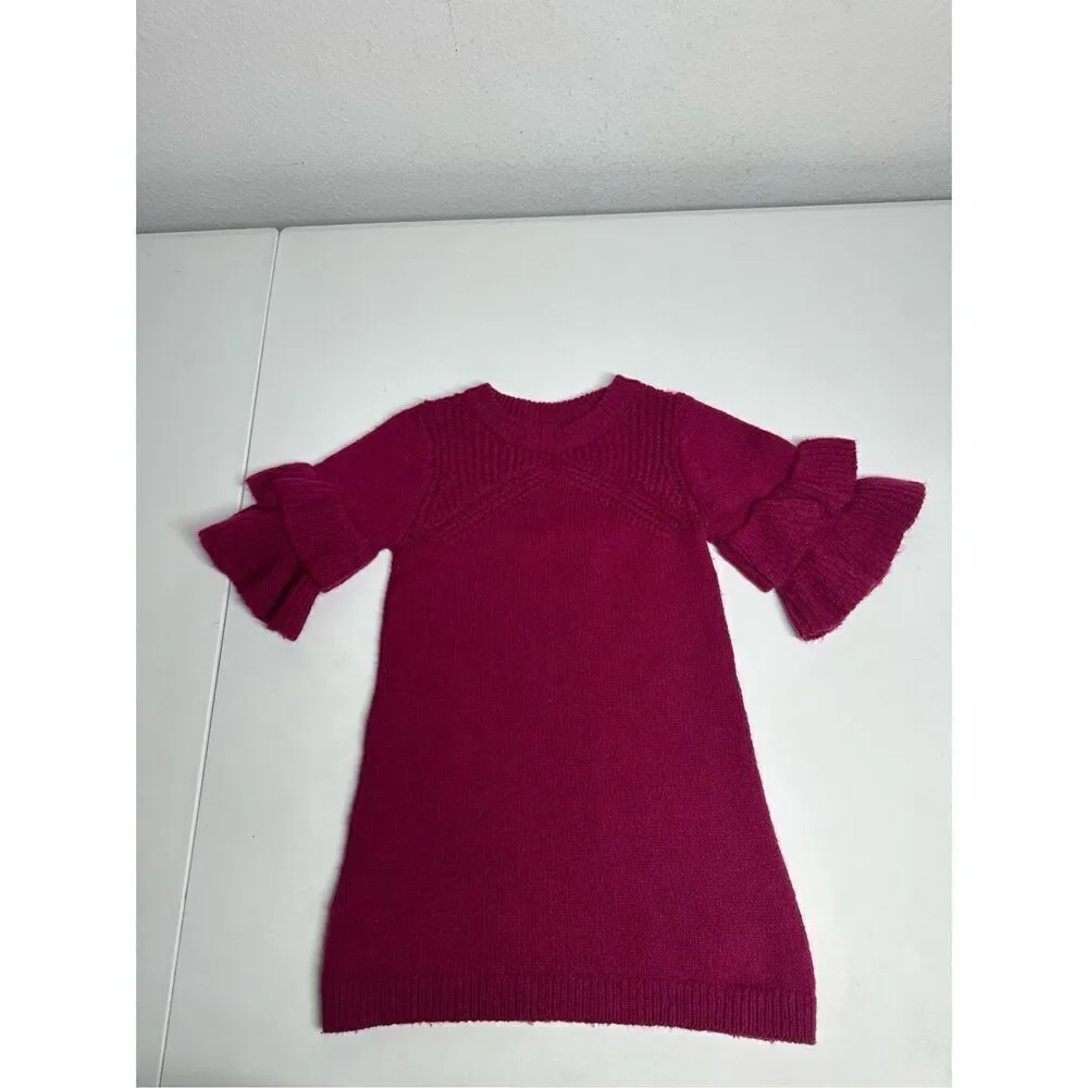 Oshkosh Girls Toddler Berry Fusia Knit Sweater Dress Ruffle Sleeve Size 18 M
