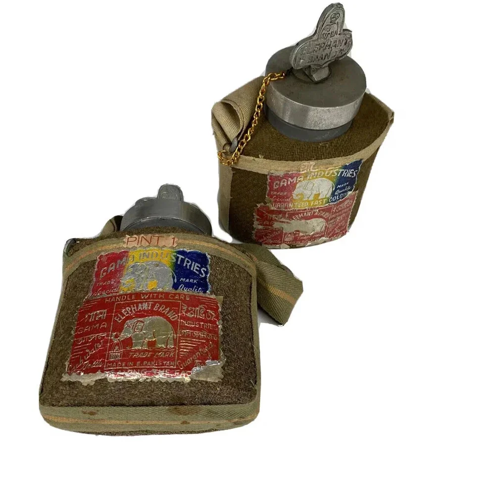 Pair Of Vintage Elephant Brand E. Pakistan Water Bottle Strap Wool Insulation