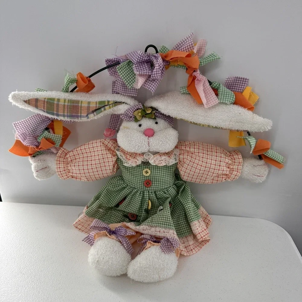 Vintage Plush‎ Easter Bunny Rabbit Spring Door Wreath Wall Hanging Decor 18