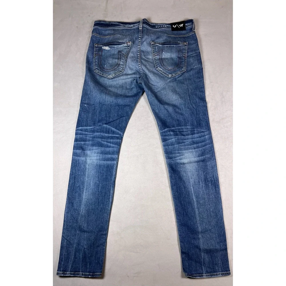 True Religion Russell Westbrook Distressed Straight Leg Jeans Mens 38 Blue Denim