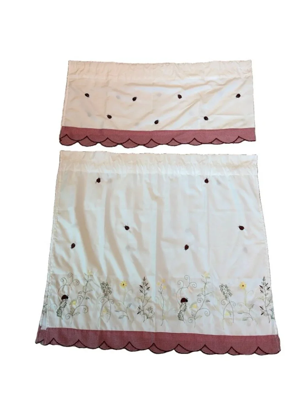 Lorraine Ladybug Meadow Valance & Panels Curtain Set Red Gingham Cottagecore