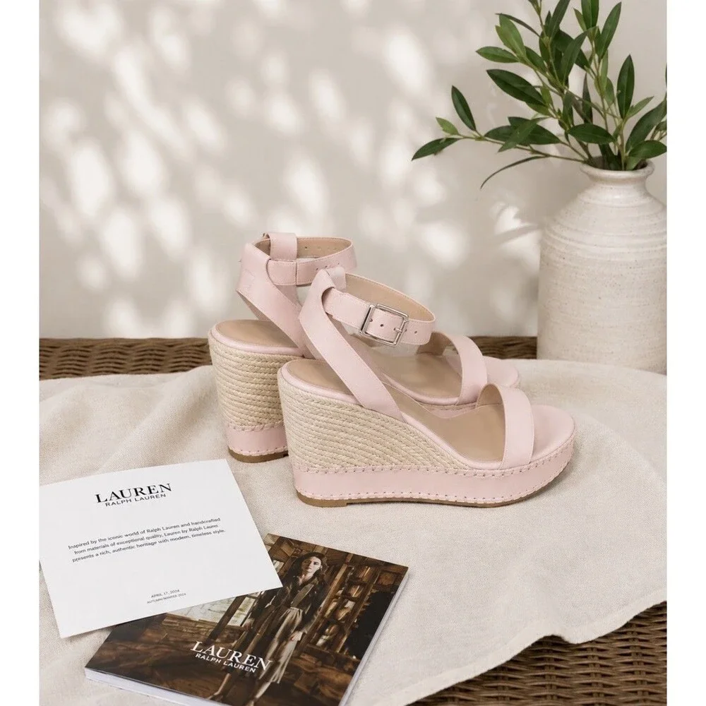 Lauren Ralph Lauren Hilarie Espadrille Platform Wedge Sandals 9B Leather