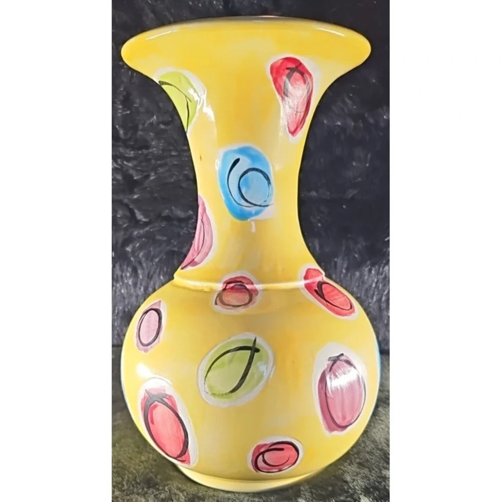 Yellow Vase with lots of color, Black/white inside Signed Thompson