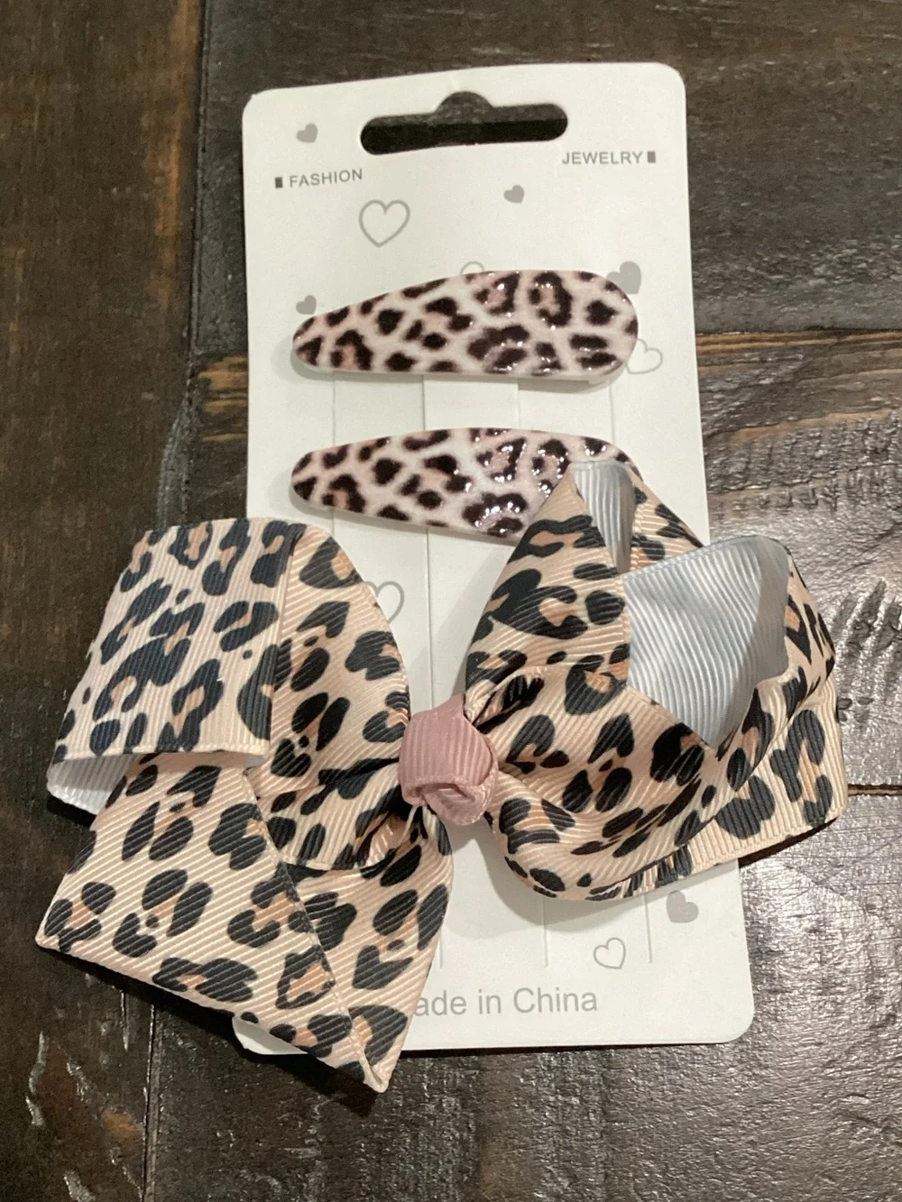 Fashion Jewelry Leopard Print Pink Bow and Snap Clips Set