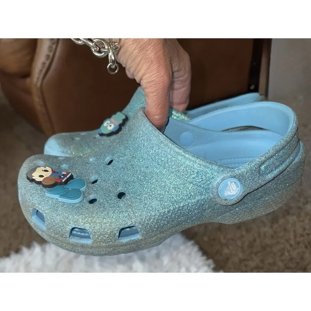 Crocs Girls Sz. 2 Turquoise Glitter Slip Ons. Cute
