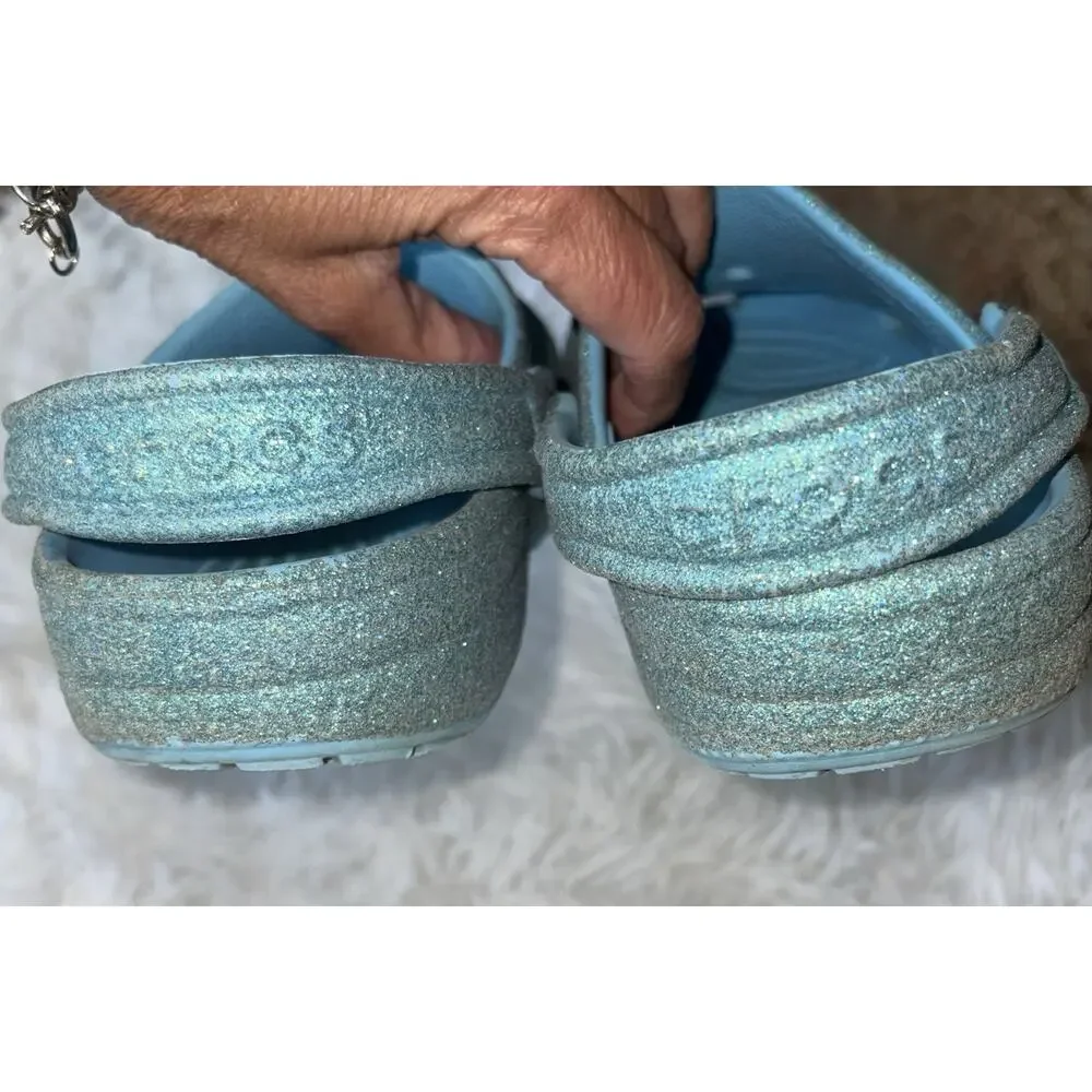 Crocs Girls Sz. 2 Turquoise Glitter Slip Ons. Cute