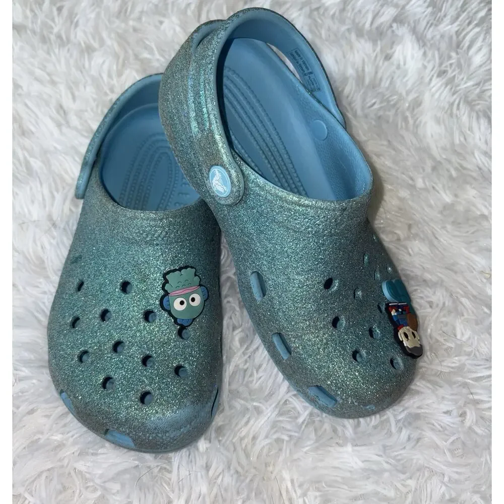 Crocs Girls Sz. 2 Turquoise Glitter Slip Ons. Cute