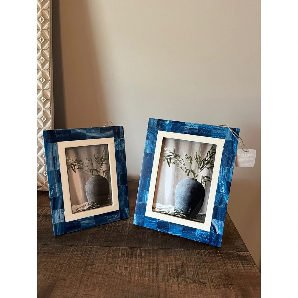 Set of 2 Blue Bone and Resin Mosaic Picture Frames 4x6 5x7 Handcrafted India