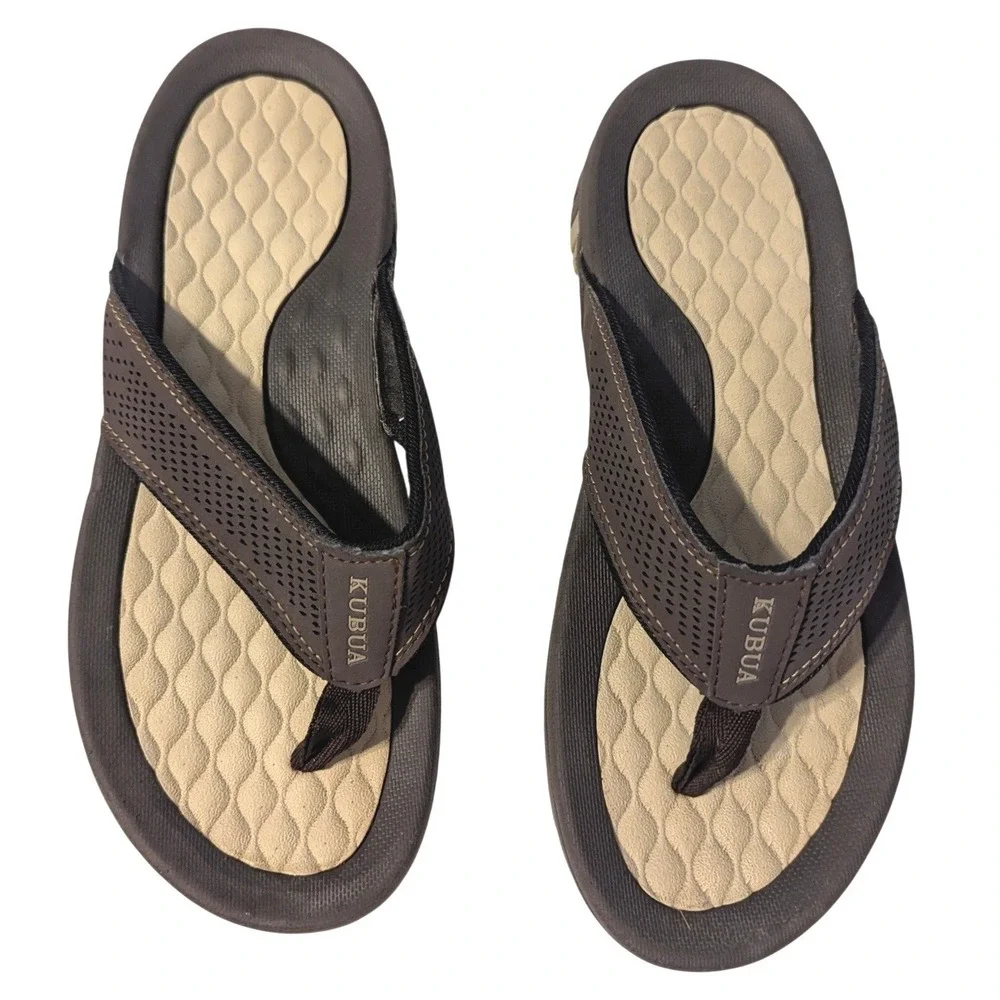 KUBUA Mens Beach Flip Flops Water Thong Sandals Outdoor Brown Tan EU 45 ~US 11
