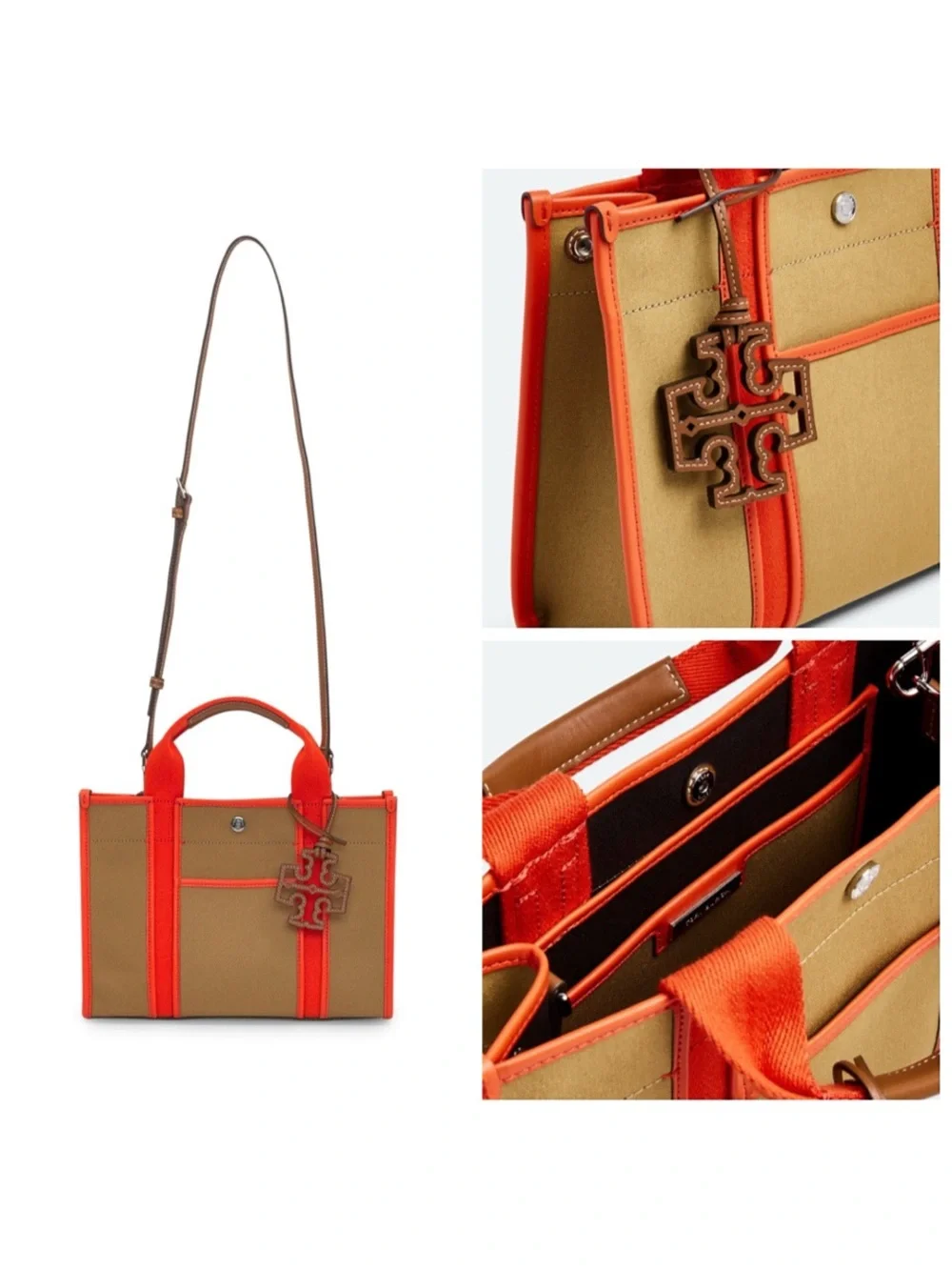 Tory Burch Brown Orange Tory Small Twill Canvas Tote Handbag