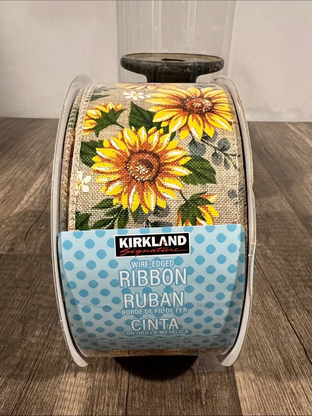 Kirkland Signature Sunflower Decorative Wired Ribbon - Yellow & Green on Natural