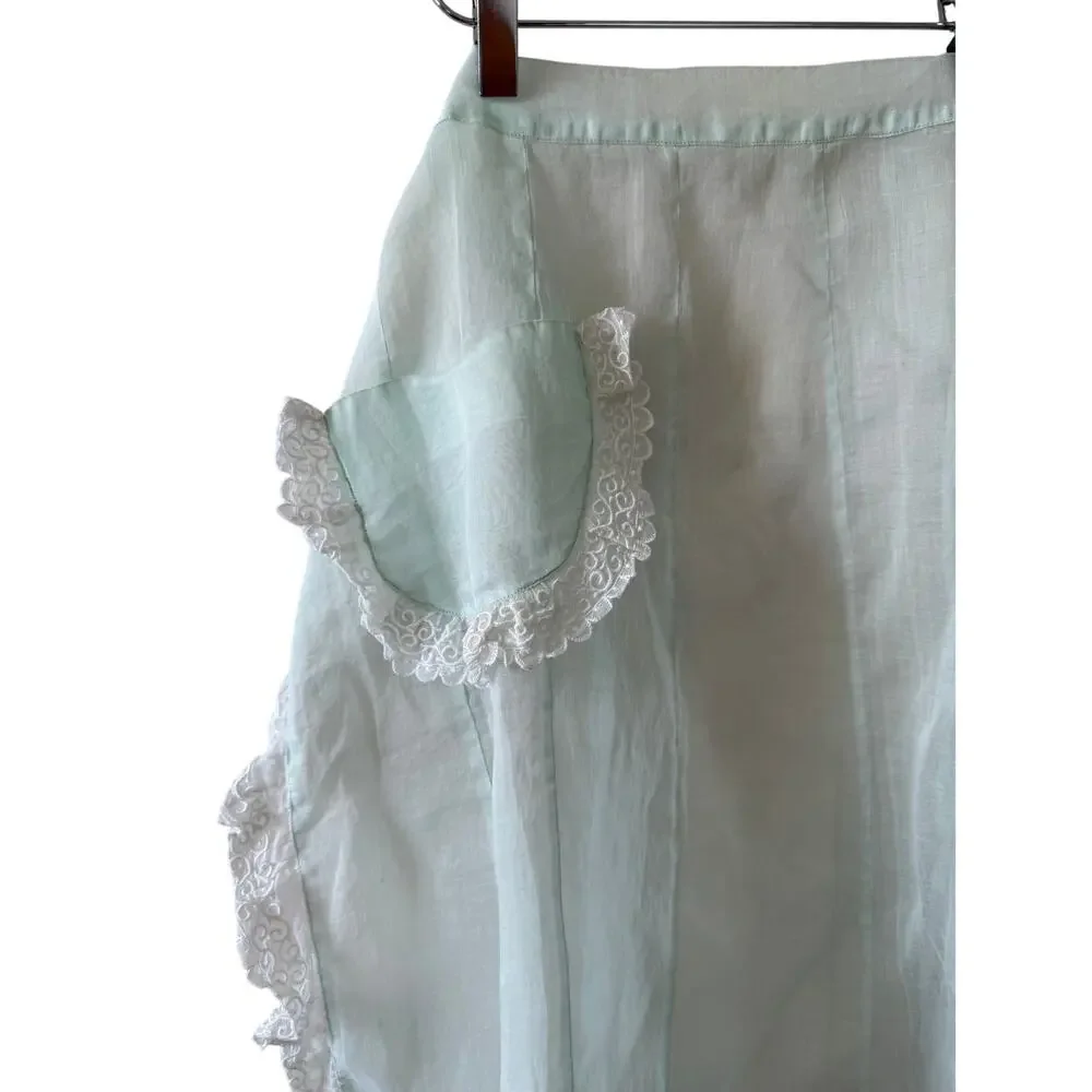 Vintage 60s Sheer Half Apron Organza Lace Trim Mint Green