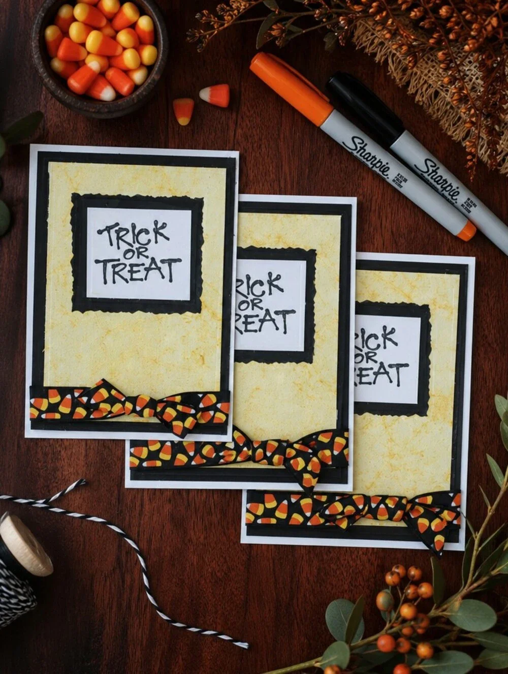 Set of 3 Handmade Halloween Cards – Trick or Treat Candy Corn Design