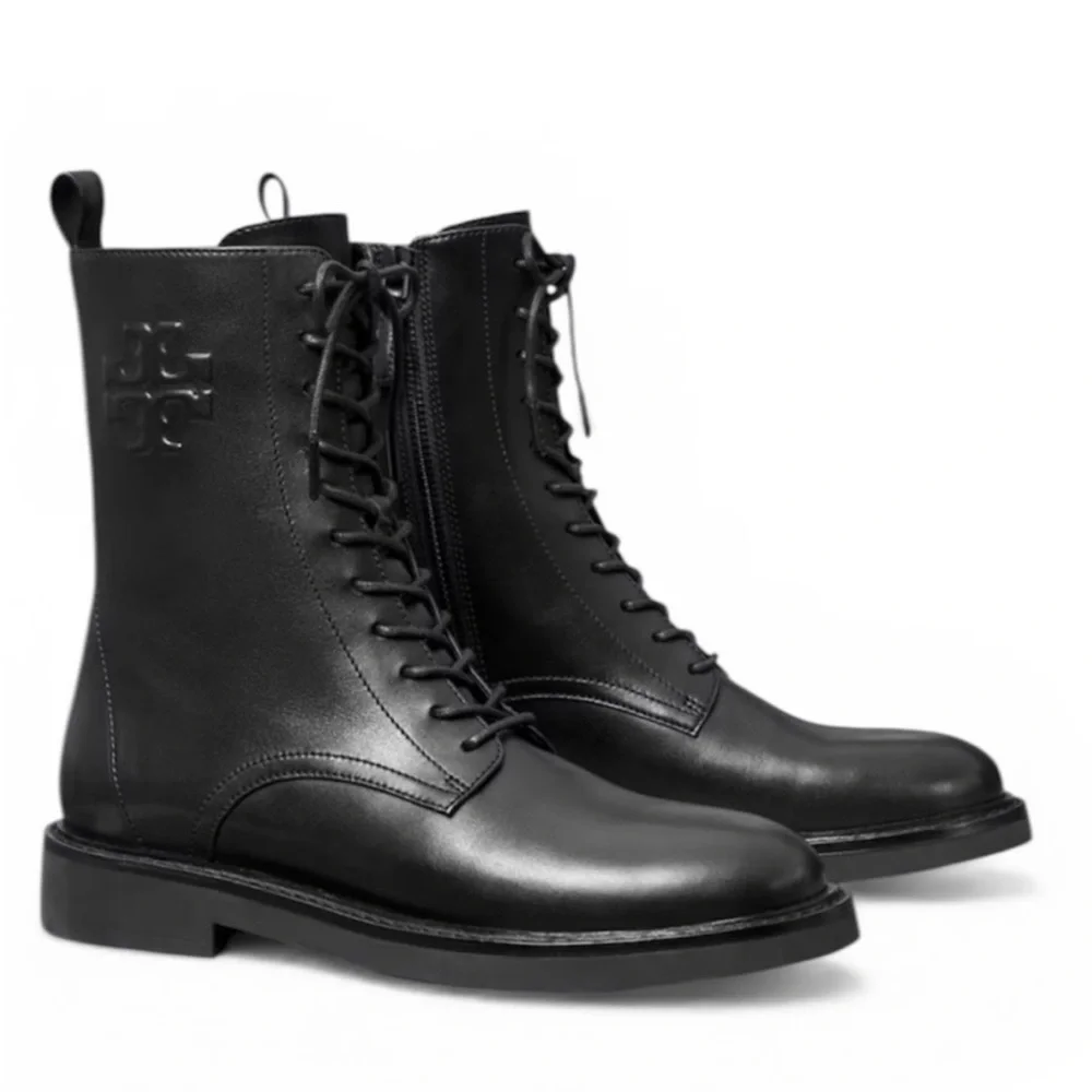 Tory Burch Black Embossed Logo Leather Lace-Up Boots, SIZE 8
