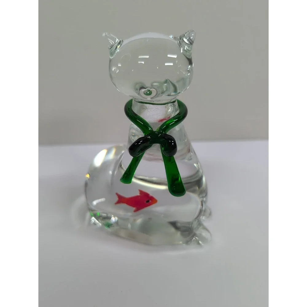 Studio Art‎ Glass Cat with Red Fish in Belly Green Bow Figurine Paperweight 5