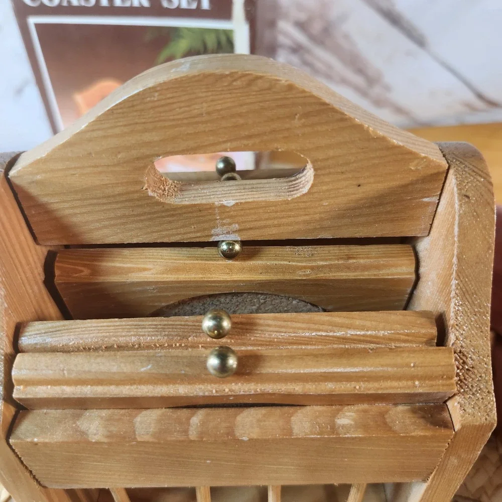 Vintage Traditional Coaster Set Wood and Cork 6 Piece with Caddy