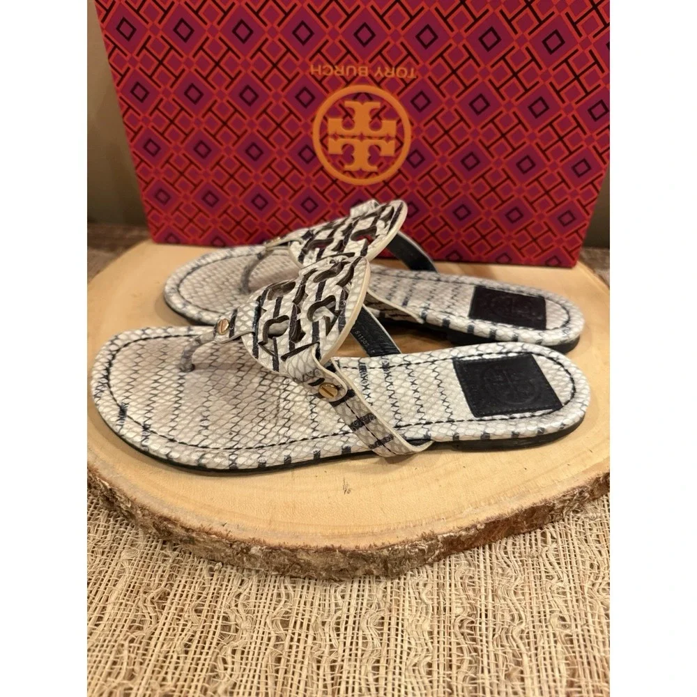 Tory Burch Miller Leather Thong‎ Sandal Warm Roccia Black & White US 7 258$