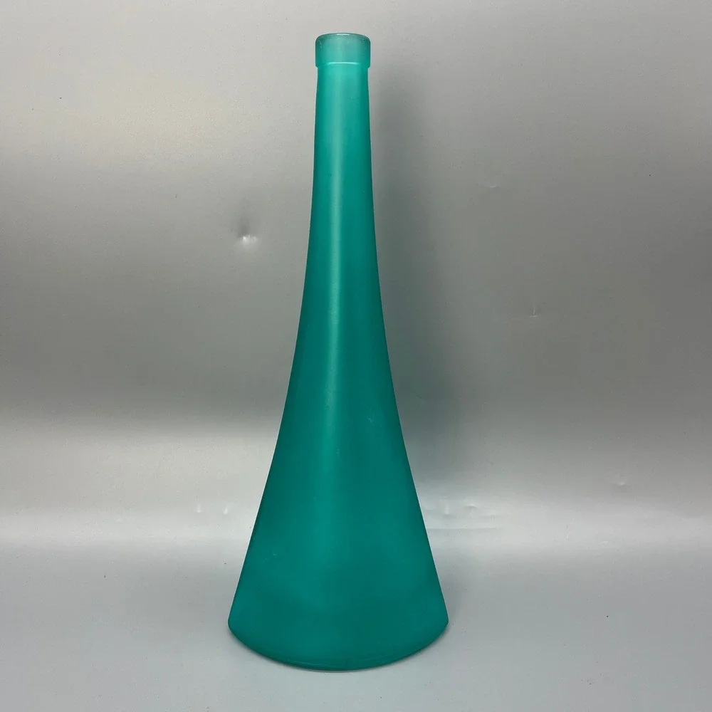 Vintage Asymmetrical Tall Bottle‎ Pressed Glass Frosted Teal Numbered Stamped