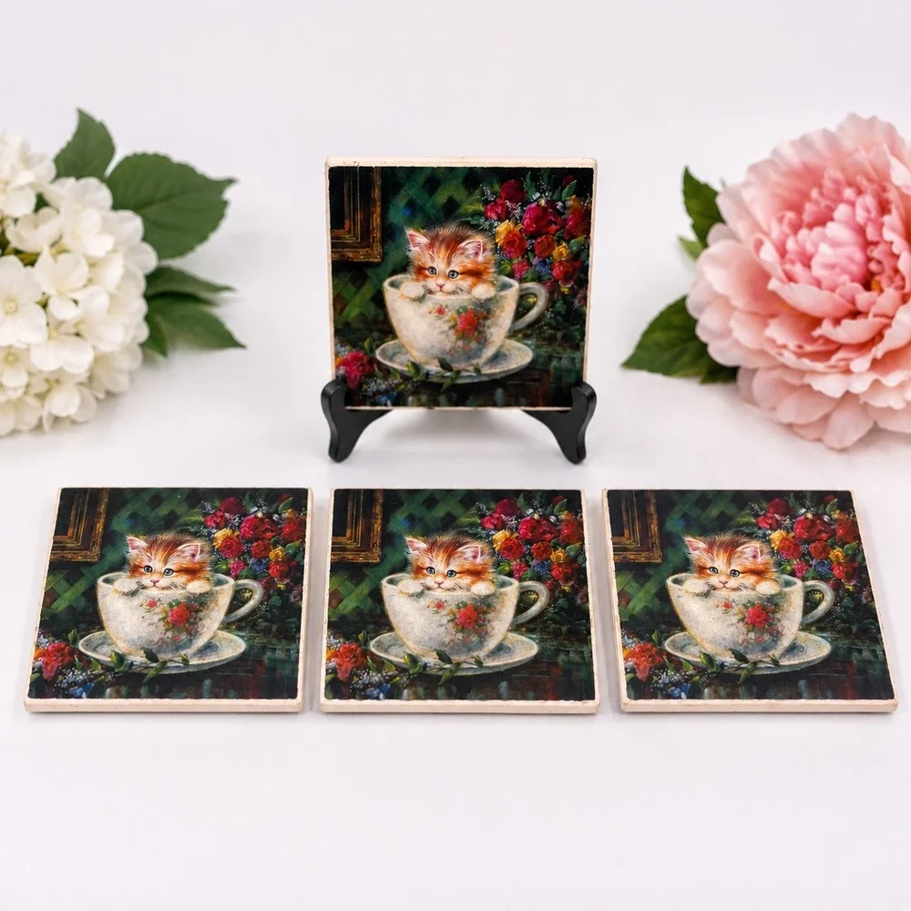 Vintage Ceramic Kitten in Teacup Coasters Set of 4 Cork Backed Cat Floral Art