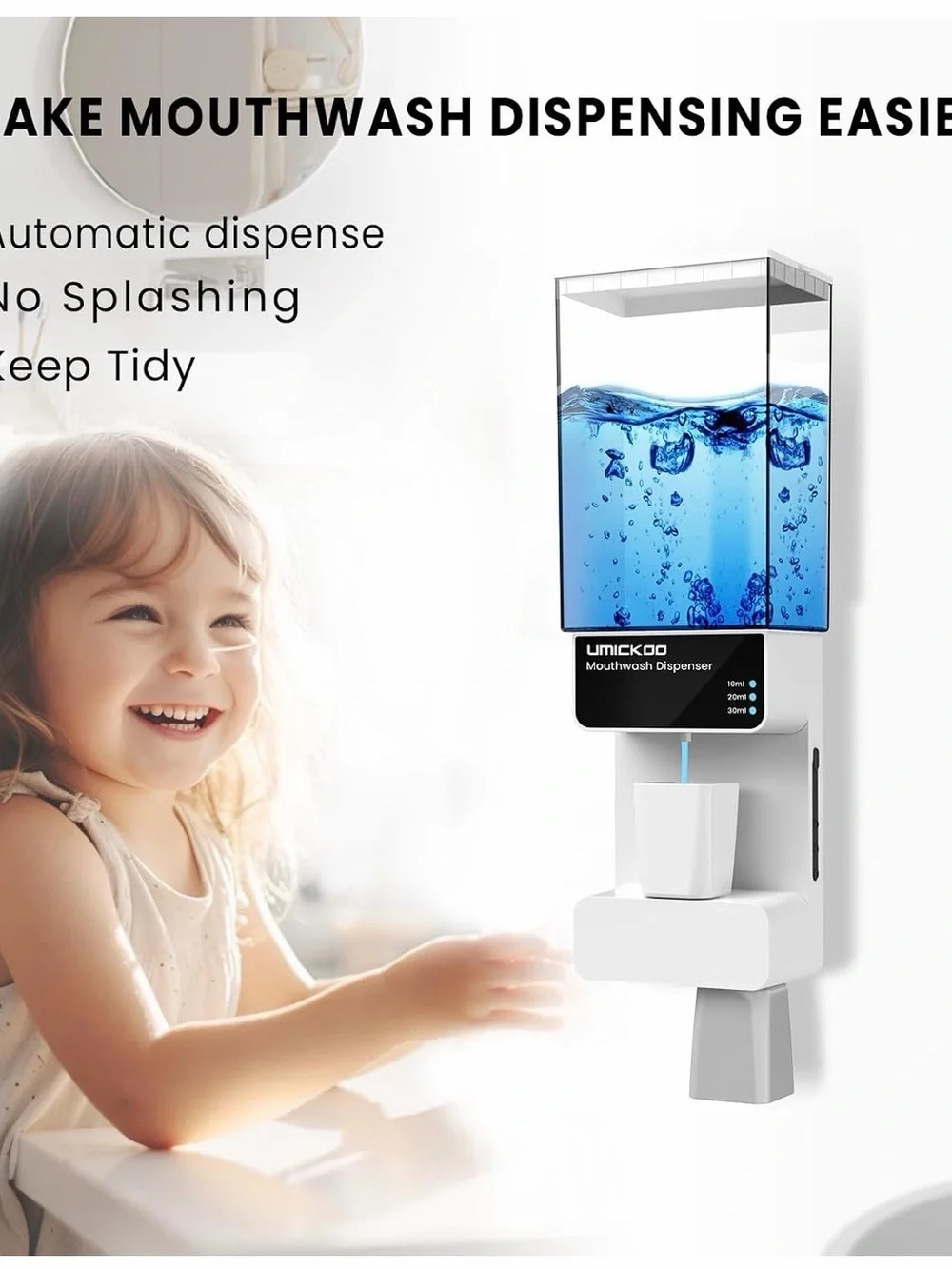 White Mouthwash Dispenser with Blue Reservoir