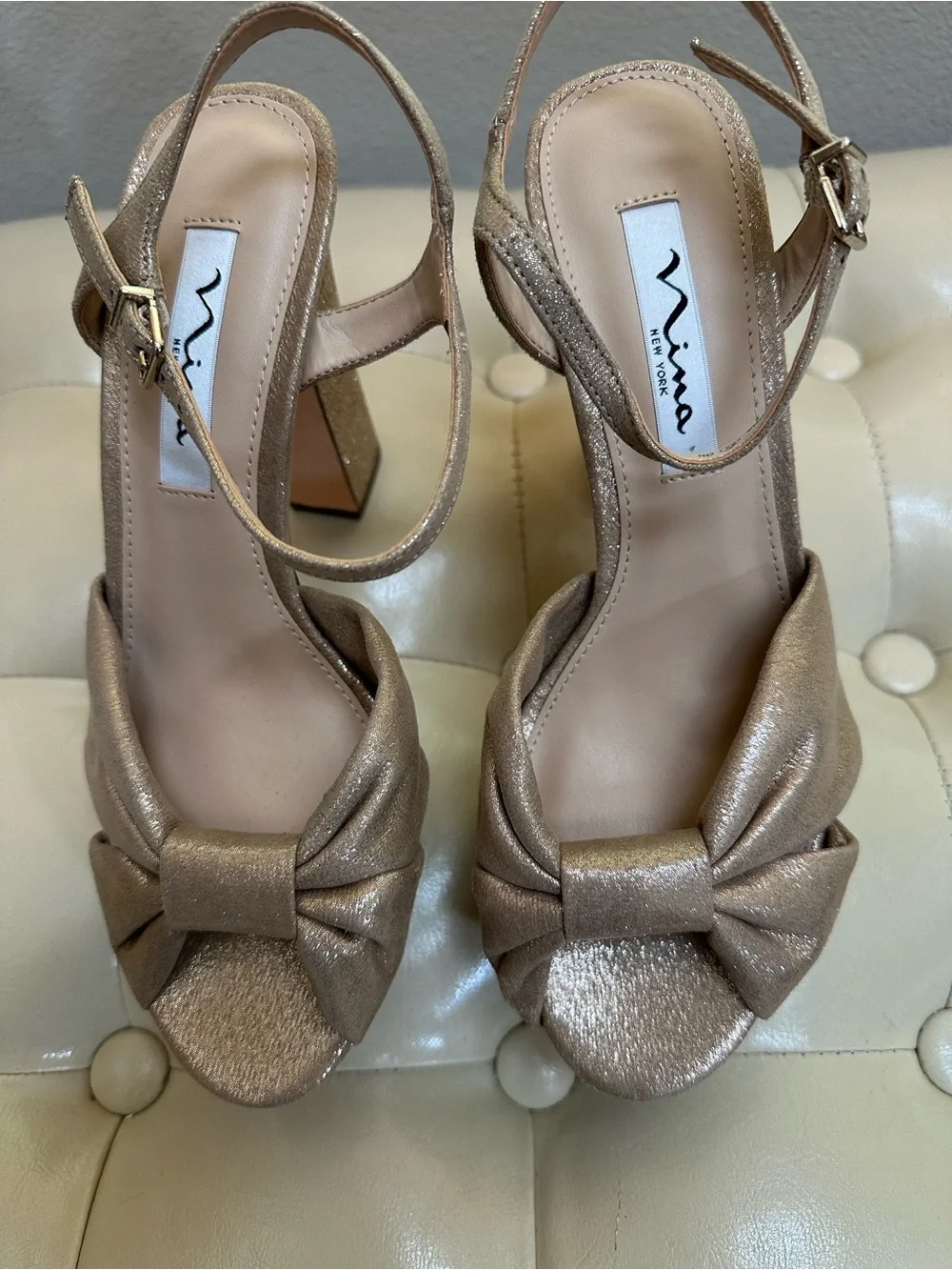 NEW Nina Gold Bling Platform Heeled Sandals, sz 8