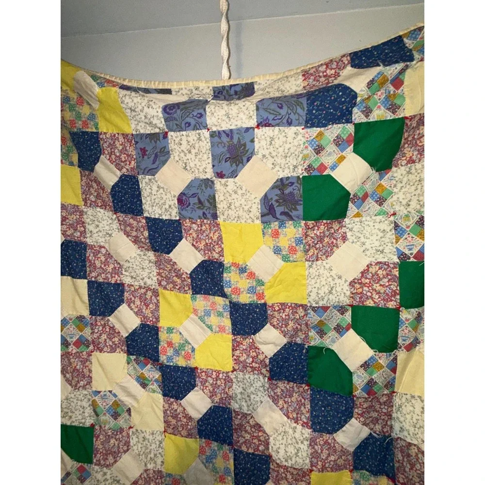 Vintage Handmade Hand stitched Patchwork Quilt Folk‎ Art Throw Blanket