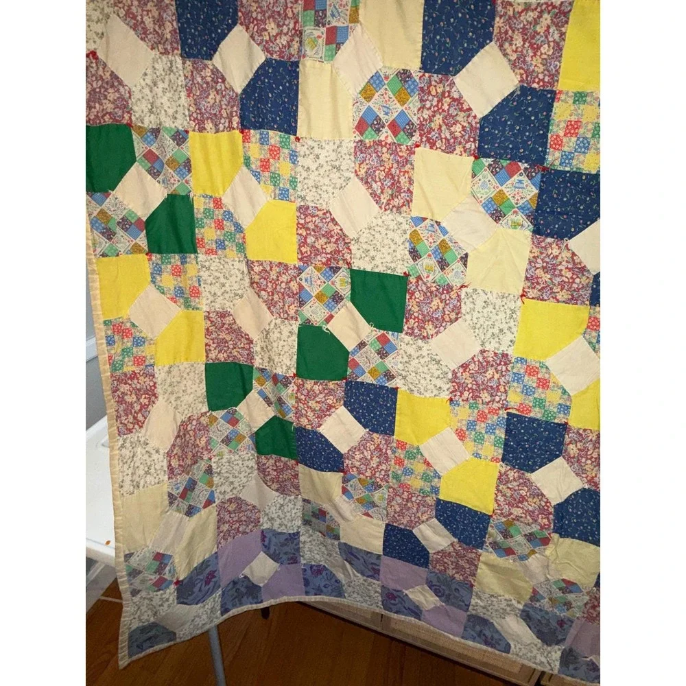 Vintage Handmade Hand stitched Patchwork Quilt Folk‎ Art Throw Blanket