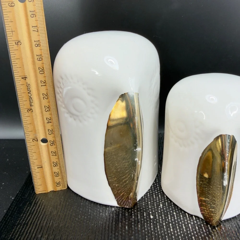 IKEA Ceramic Owl Figurine Set White Gold Metallic Beak Minimalist Decor set of 2