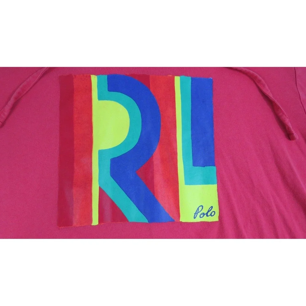 Polo Ralph Lauren RL Logo Hooded T Shirt XL Pink Long Sleeve Pony Cotton Men Top