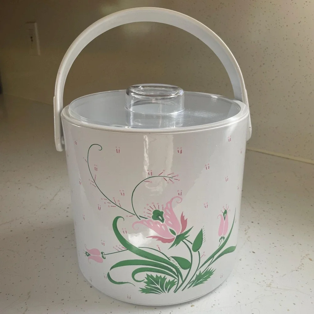 VTG Spring Tulip Ice Bucket w Lid 1970s Retro Garden Party Mid-Century Barware