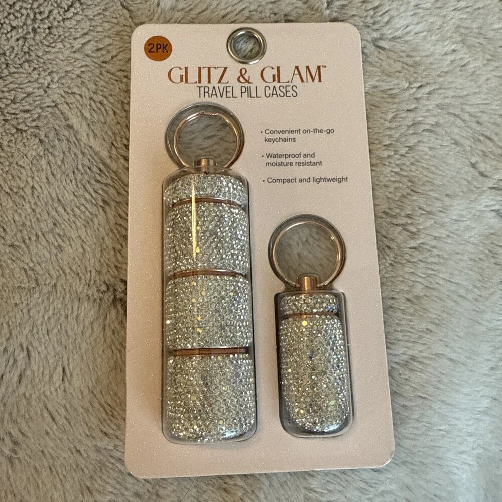 NEW Glitz & Glam Travel Pill Cases Clear Rhinestone with Keychain Viral TikTok