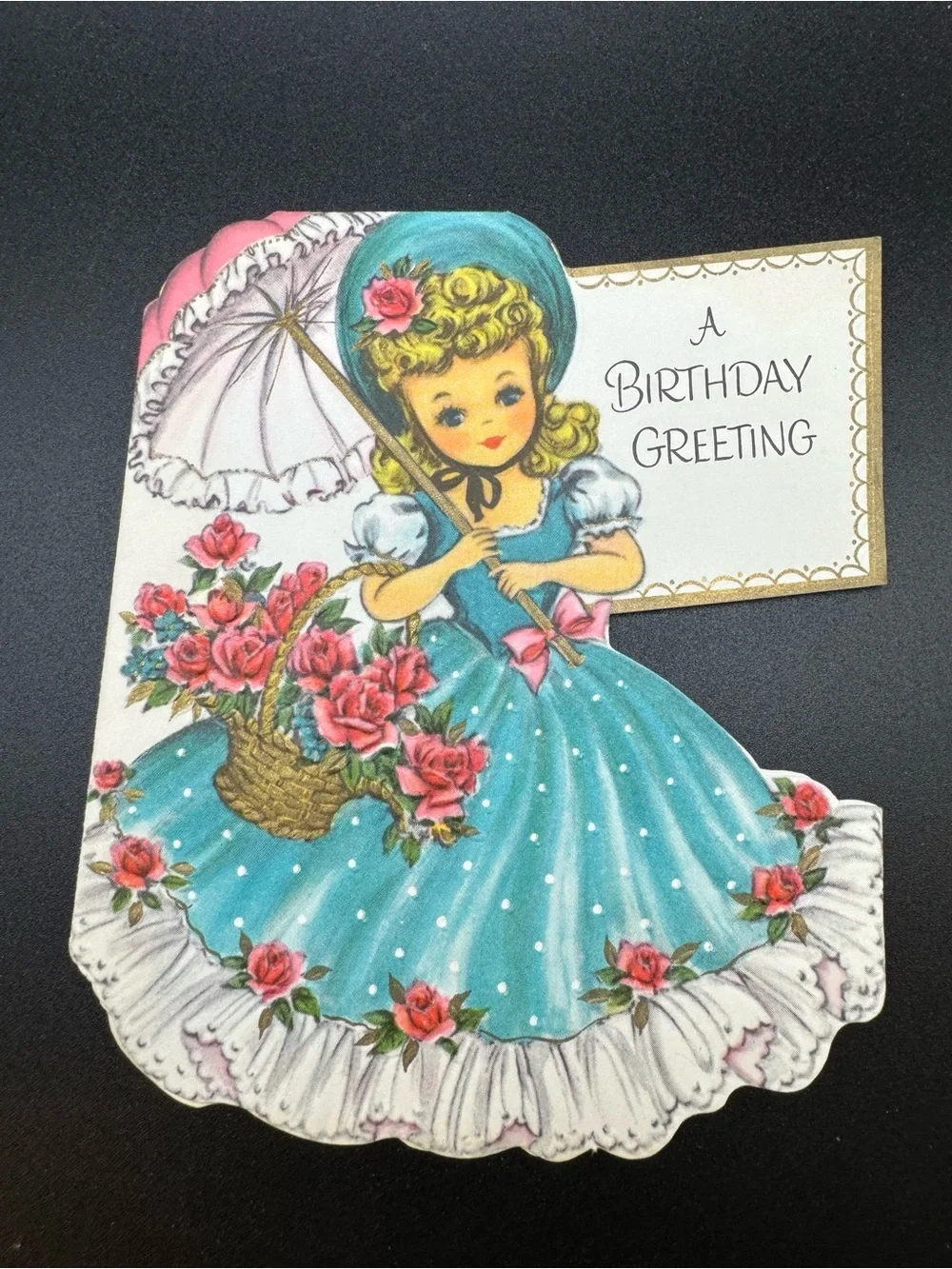 #2151 Vintage 40s “A Birthday Greeting” 3-Southern Belles Parasol Greeting Card