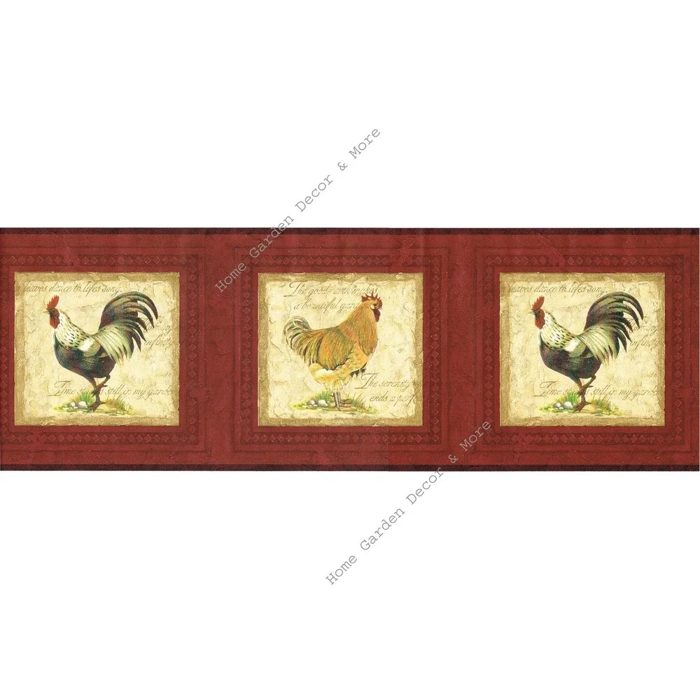 Tuscan Brick Red Rooster Hen Chicken Frame Beige Script Wallpaper Border Lot 3