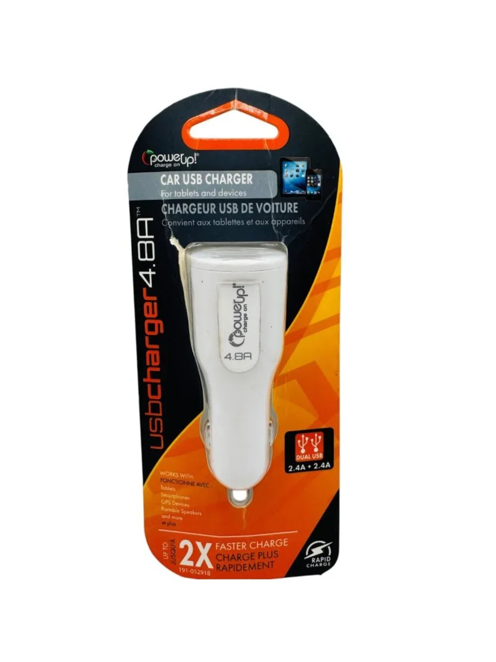 PowerUp! 4.8A Dual USB Car Charger For Tablets & Devices White Rapid Charge LED