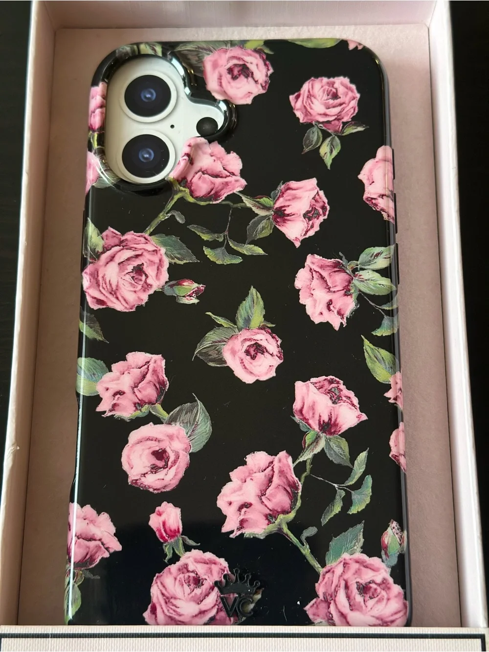 Velvet Caviar iPhone 16 Plus Black Case with Pink Rose Floral Print