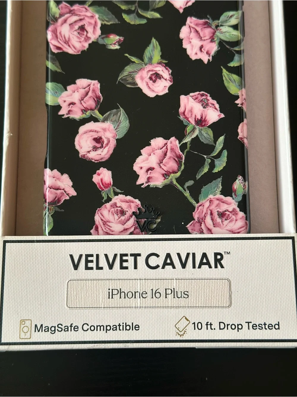 Velvet Caviar iPhone 16 Plus Black Case with Pink Rose Floral Print