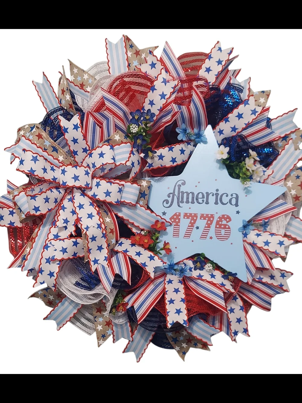 Hand Crafted Red, White & Blue Patriotic Wreath with 'America 1776' Star