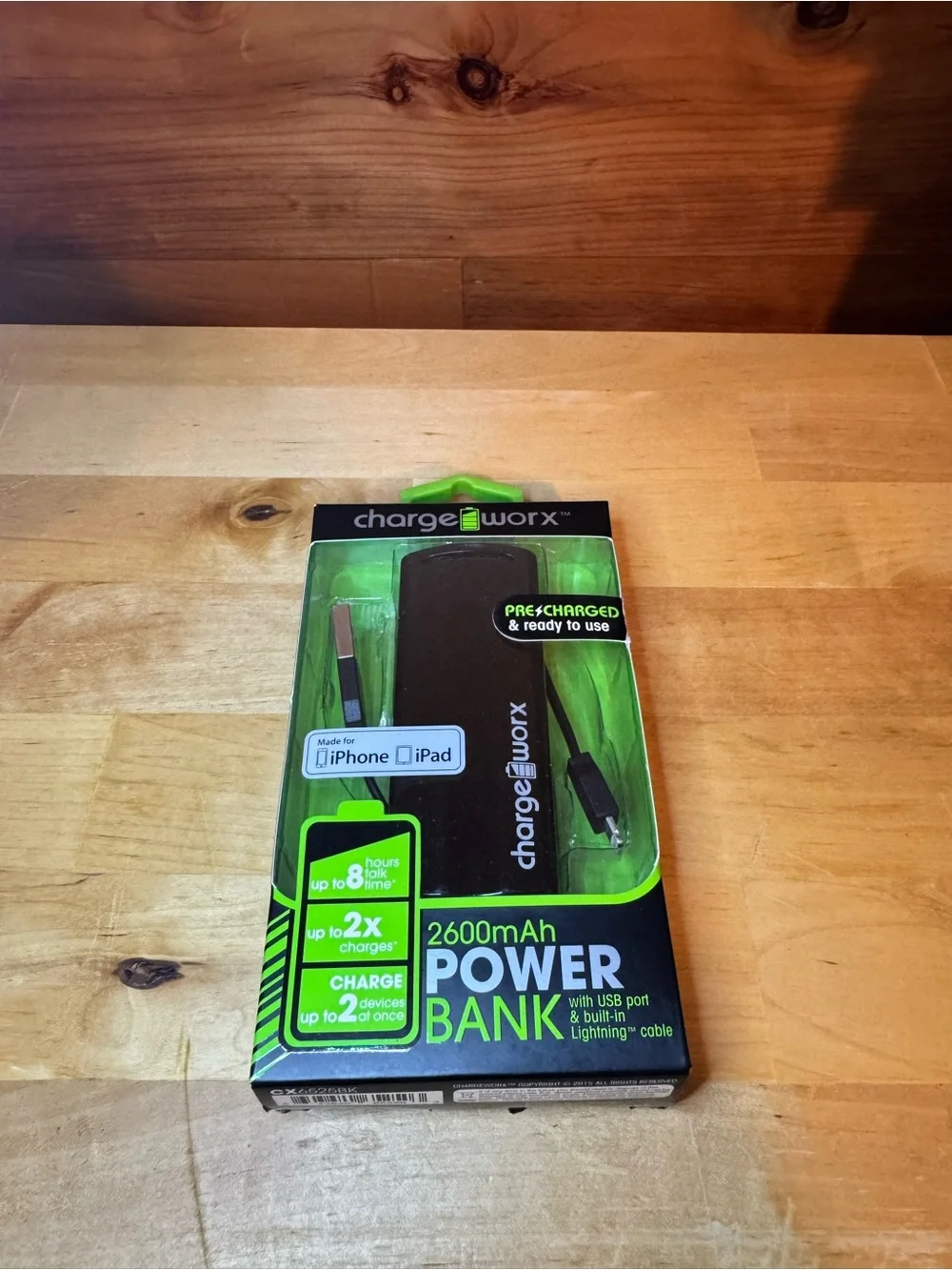 Chargeworx 2600mAh Black Power Bank with Built-In Lightning Cable