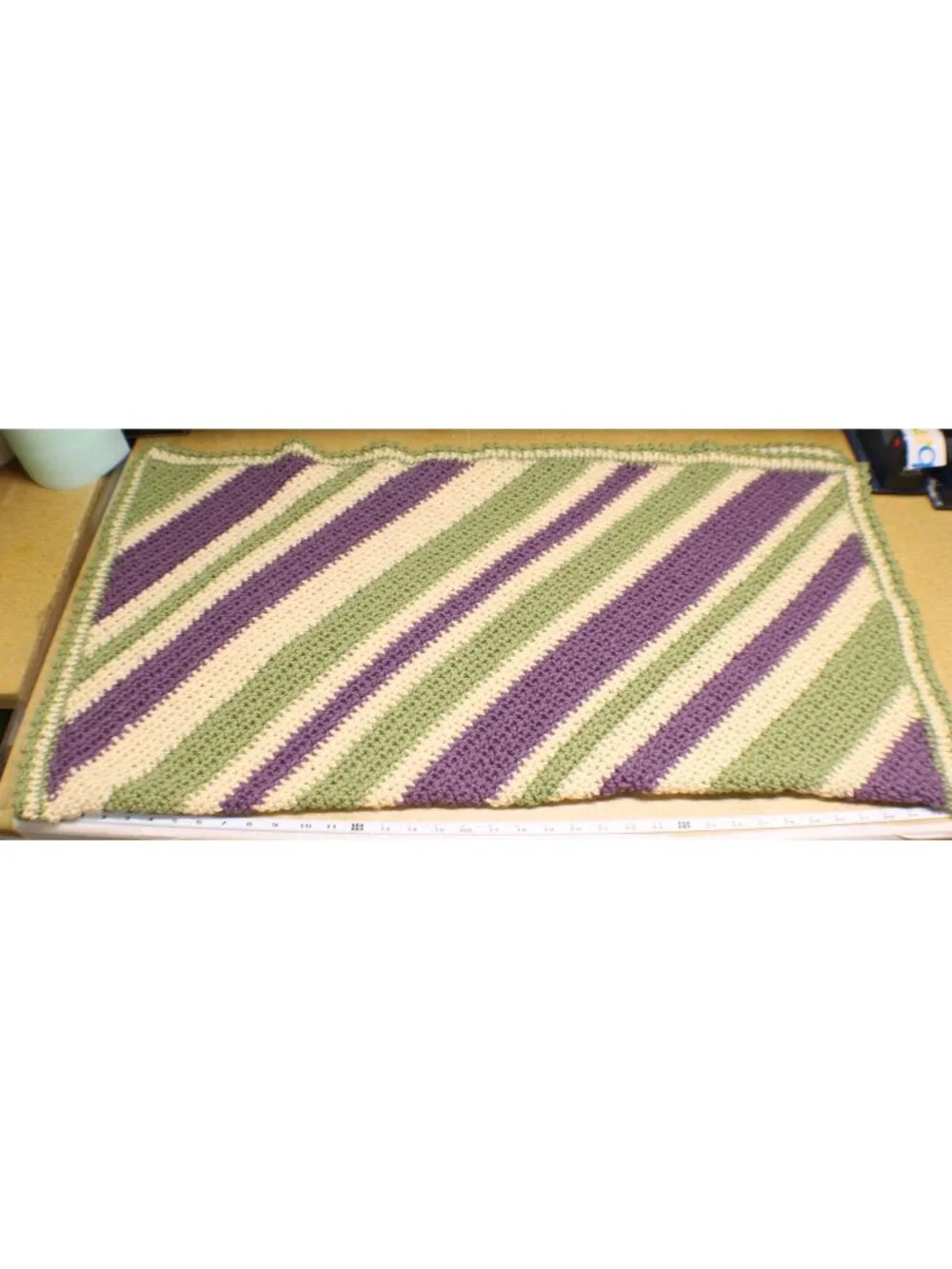 Corner to Corner Diagonal Stripe Crochet Blanket Throw Purple Green Tan 38x42