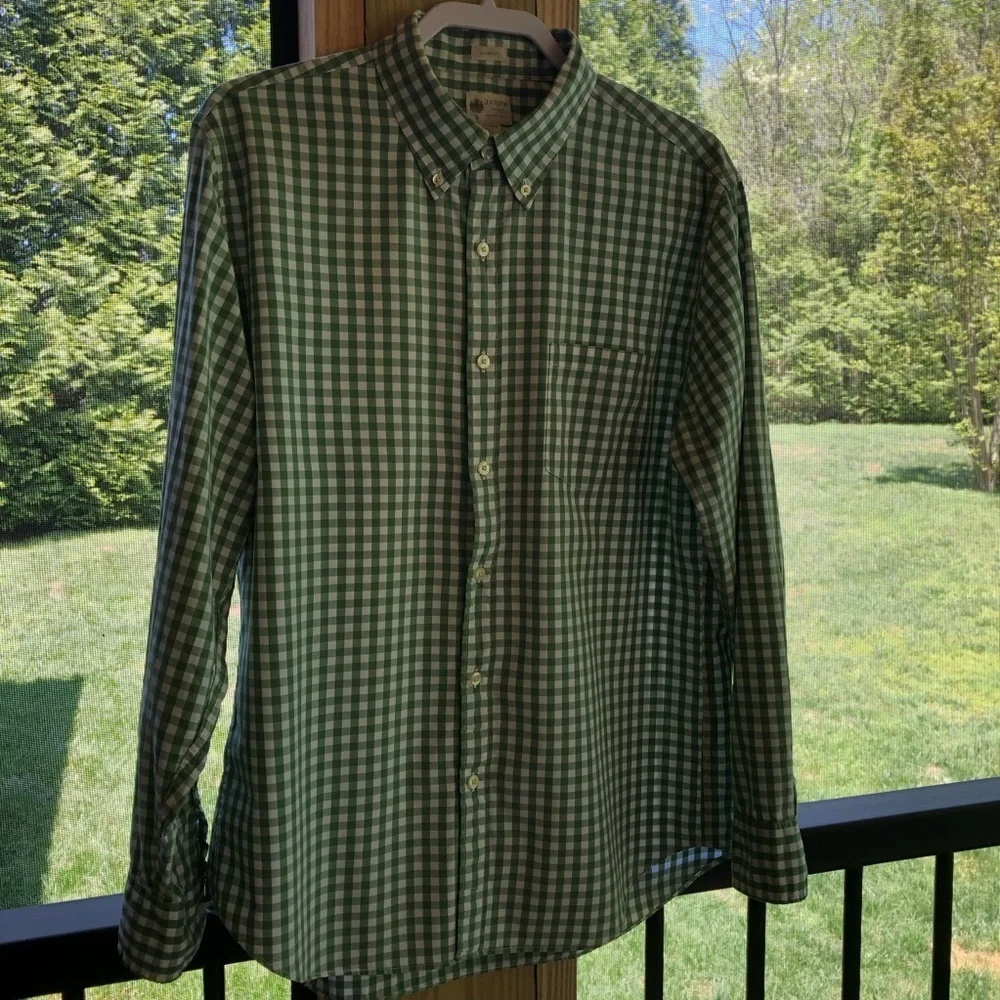 J Crew Gingham Washed Casual  Men's Green/White Dress Shirt Size L