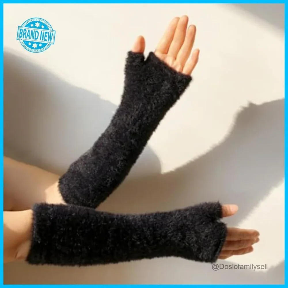 Fingerless Knit Arm Warmers Mink-Like Yarn Thumb Hole Y2K Wrist Sleeves
