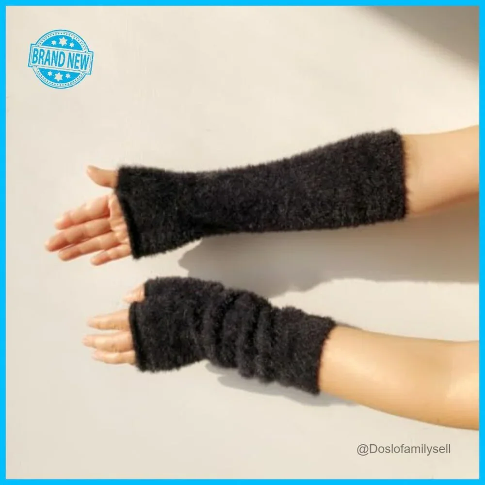 Fingerless Knit Arm Warmers Mink-Like Yarn Thumb Hole Y2K Wrist Sleeves