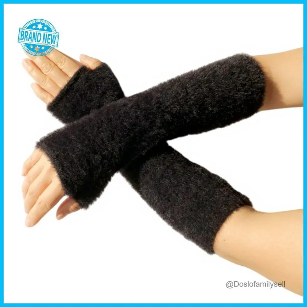 Fingerless Knit Arm Warmers Mink-Like Yarn Thumb Hole Y2K Wrist Sleeves