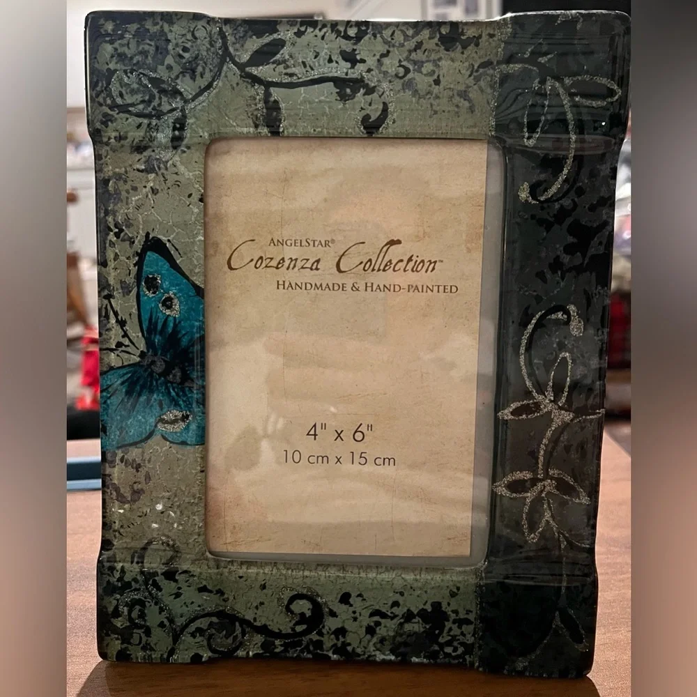 Angelstar Cozenza Frame Fused Glass Blue Butterfly Photo Frame & Floral 4x6