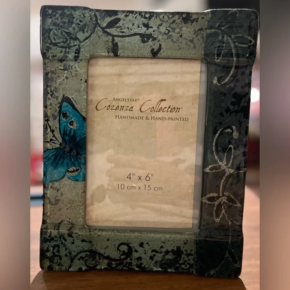 Angelstar Cozenza Frame Fused Glass Blue Butterfly Photo Frame & Floral 4x6