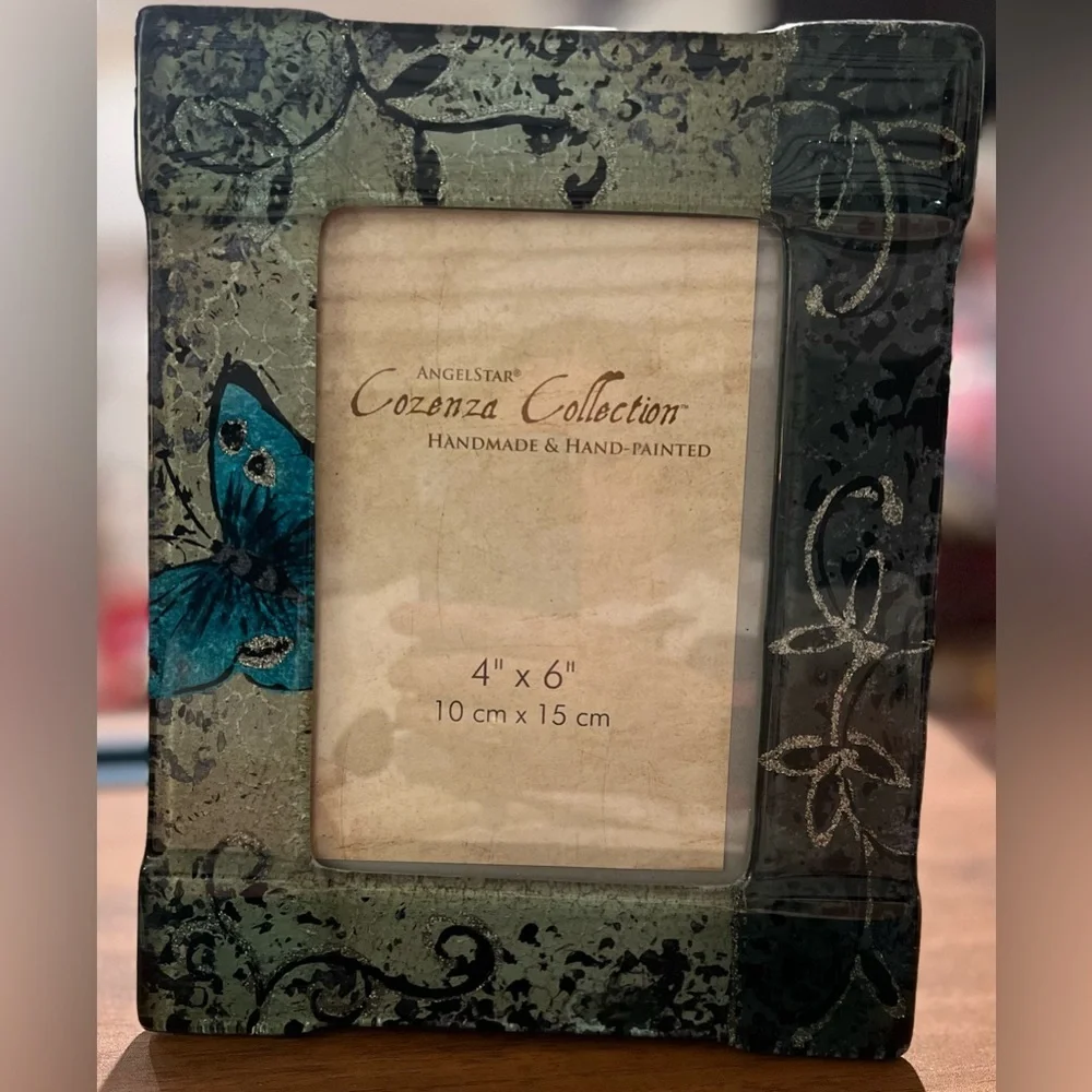 Angelstar Cozenza Frame Fused Glass Blue Butterfly Photo Frame & Floral 4x6