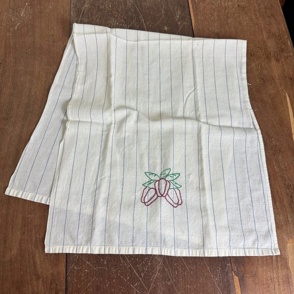 Vintage Blue Stripe Cotton Table Runner Kitchen‎ Hand Towel Embroidered Peppers