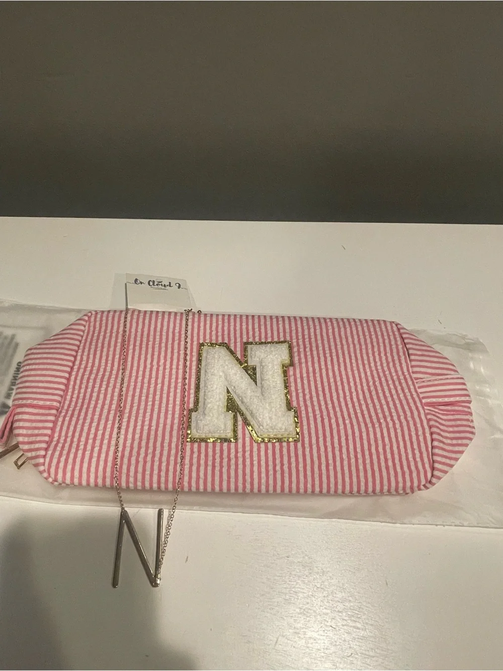 Pink and White Striped Cosmetic Pouch with 'N' Patch w/ “N” necklace included