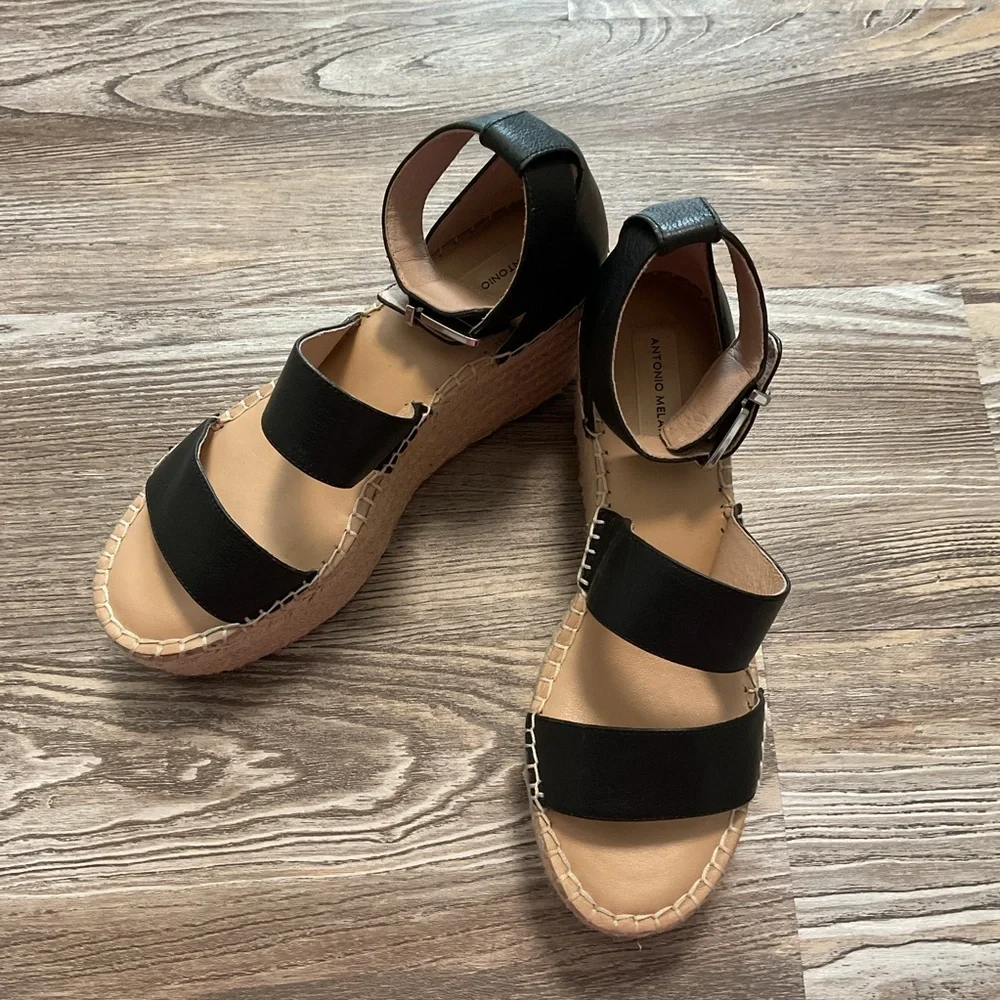 Antonio Melani Bayshore Leather Black Tan Strappy Wedge Platform Sandal 10