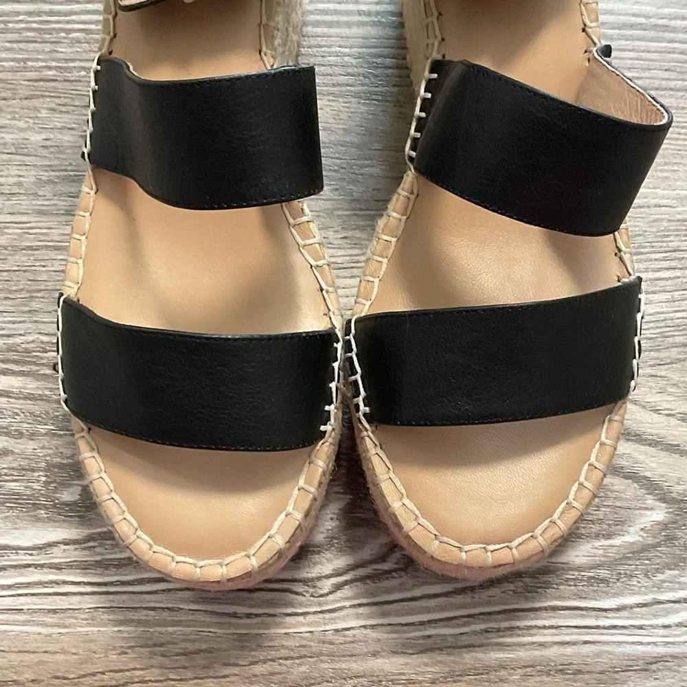 Antonio Melani Bayshore Leather Black Tan Strappy Wedge Platform Sandal 10